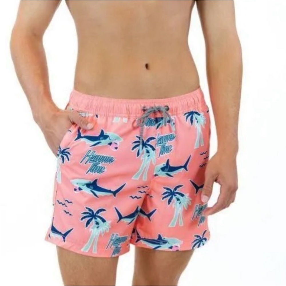 Mens Pink 'Hammer Time' Shark Print Swim Shorts by Party Pants Sz Large